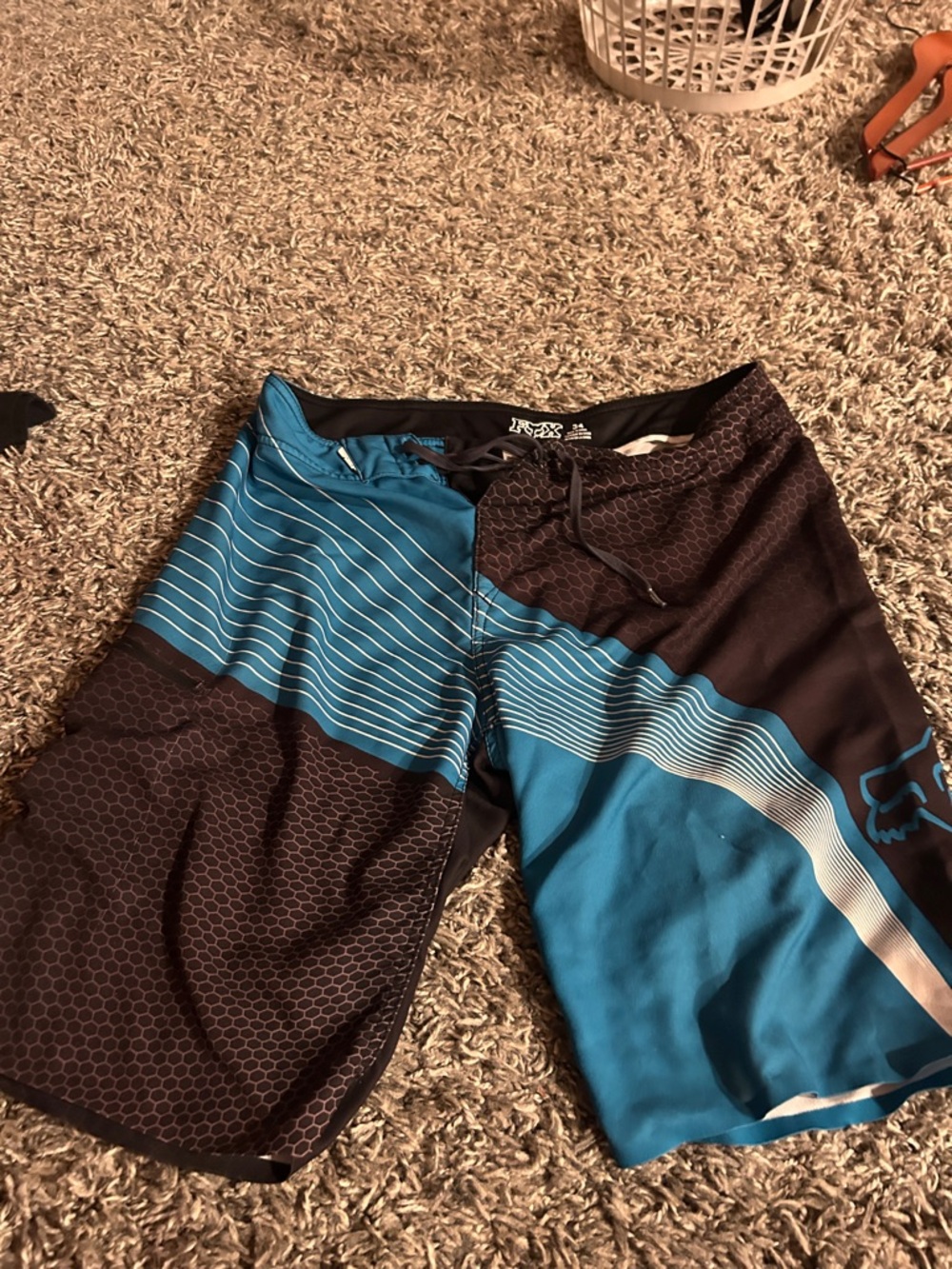 Fox Men's Teal and Black Board Shorts with Stripe Detail